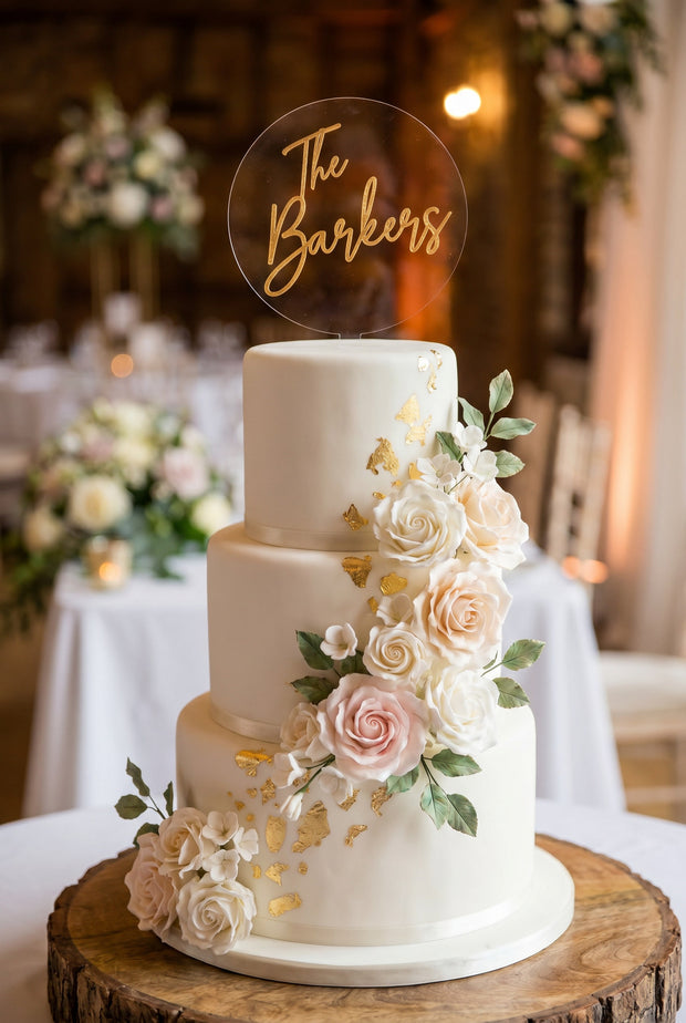 Custom Wedding Cake Topper – Round Circle with Shimmer Script Font