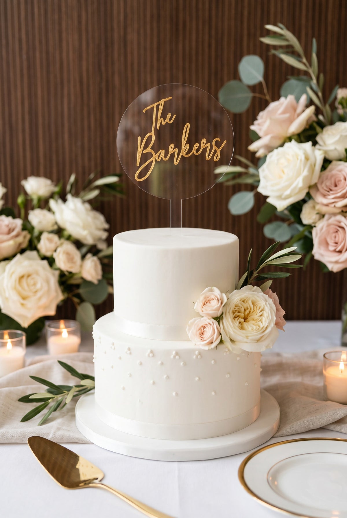 Custom Wedding Cake Topper – Round Circle with Shimmer Script Font