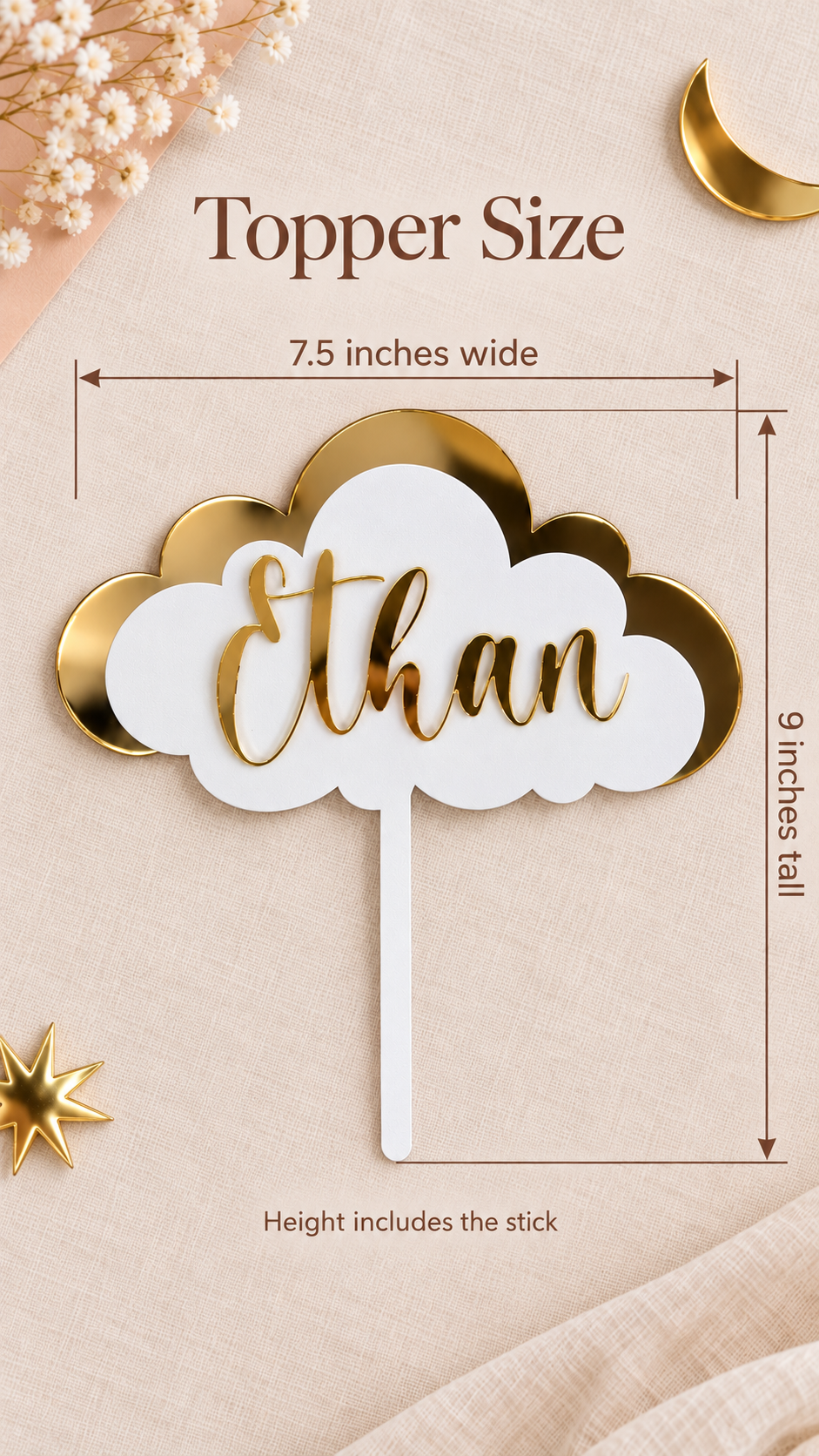 Cloud Cake Topper for Baby Showers & Birthdays — sizing guide